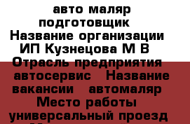 авто маляр подготовщик  › Название организации ­ ИП Кузнецова М.В. › Отрасль предприятия ­ автосервис › Название вакансии ­ автомаляр › Место работы ­ универсальный проезд 14 › Минимальный оклад ­ 80 000 › Максимальный оклад ­ 160 000 - Липецкая обл., Липецк г. Работа » Вакансии   . Липецкая обл.